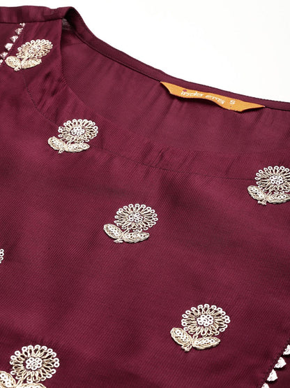 Indyancart IE Floral Embroidered Panelled Sequinned Liva Kurta with Trousers