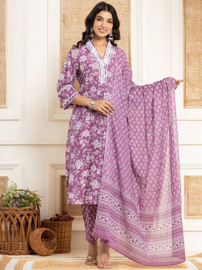 Indyancart VA Women'sFloral Printed Regular Straight Kurta with Trouser & with Dupatta