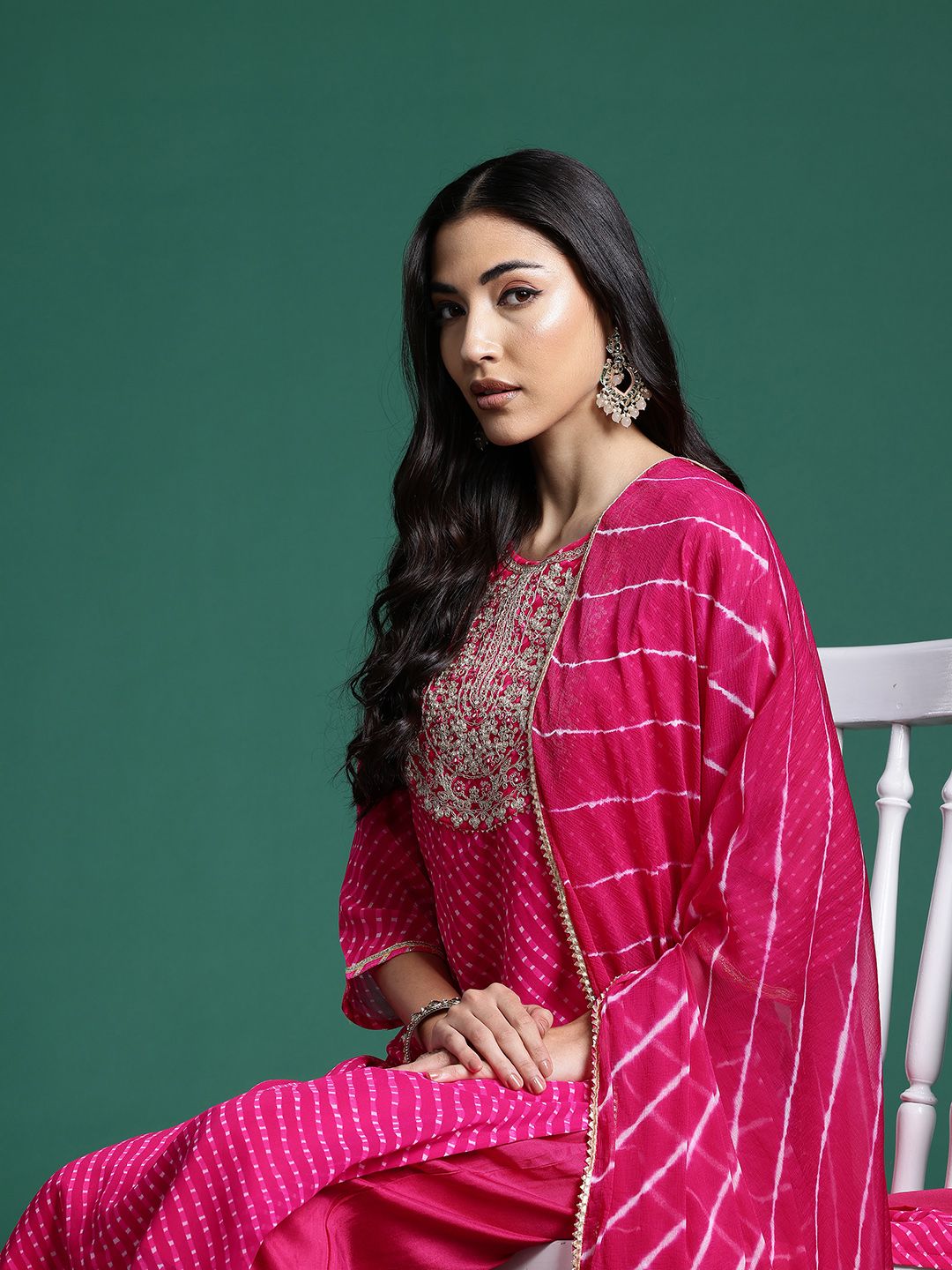 Indyancart IE Leheriya Printed Zari Kurta With Trousers & Dupatta