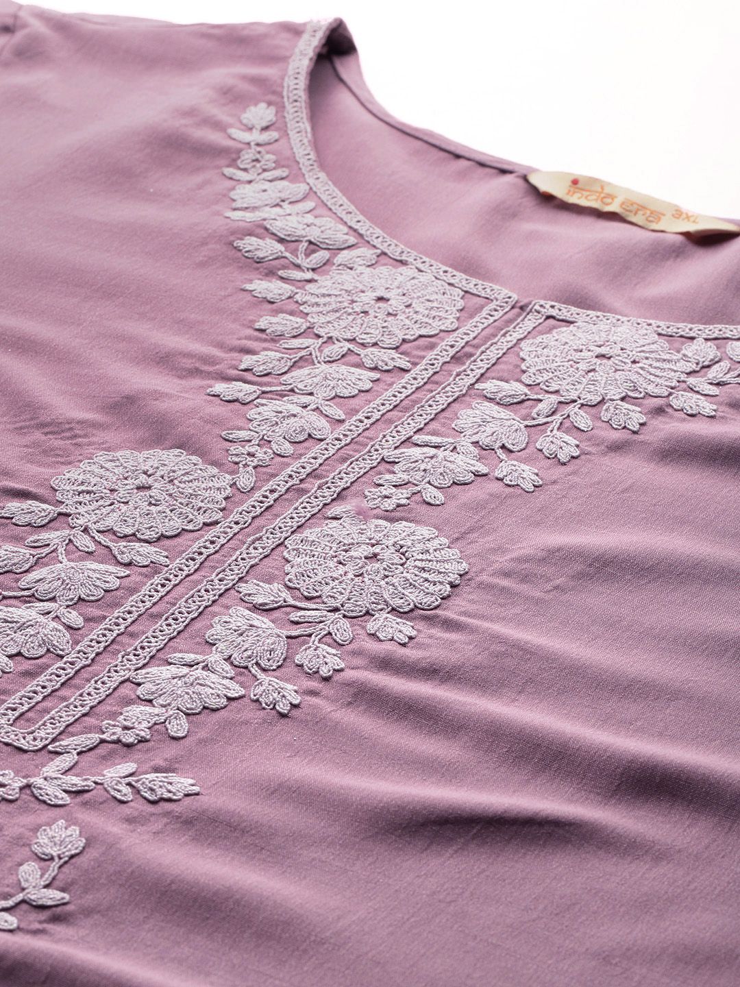 Indyancart IE Plus Size Floral Embroidered Thread Work Kurta With Trousers & Dupatta