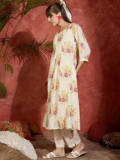 Dhiyona IE Women Floral Printed Cotton Kurta with Trousers