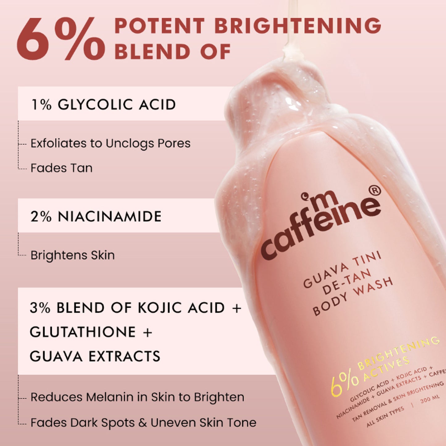 mCaffeine 1% Glycolic Acid Detan Body Wash, 5% Niacinamide-Kojic Acid Reduces Dark Spots & Brightens