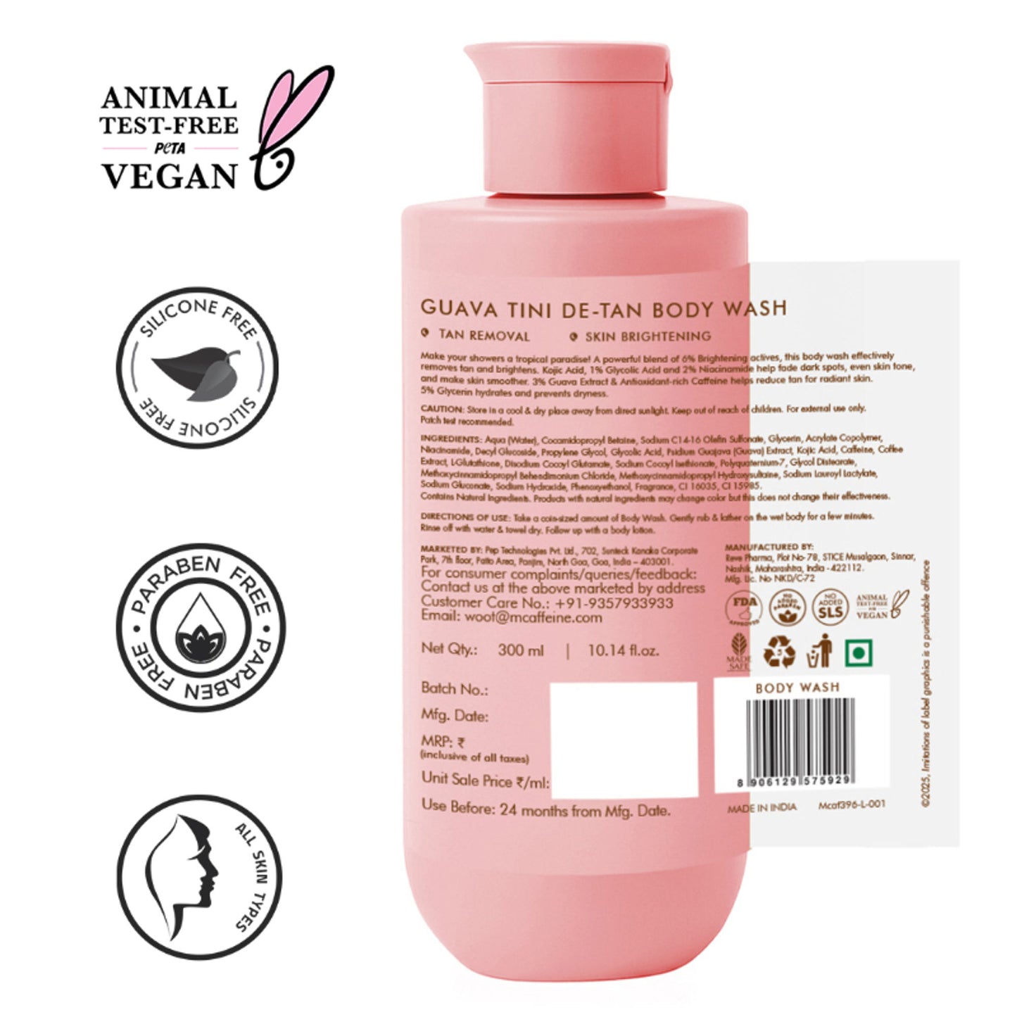 mCaffeine 1% Glycolic Acid Detan Body Wash, 5% Niacinamide-Kojic Acid Reduces Dark Spots & Brightens