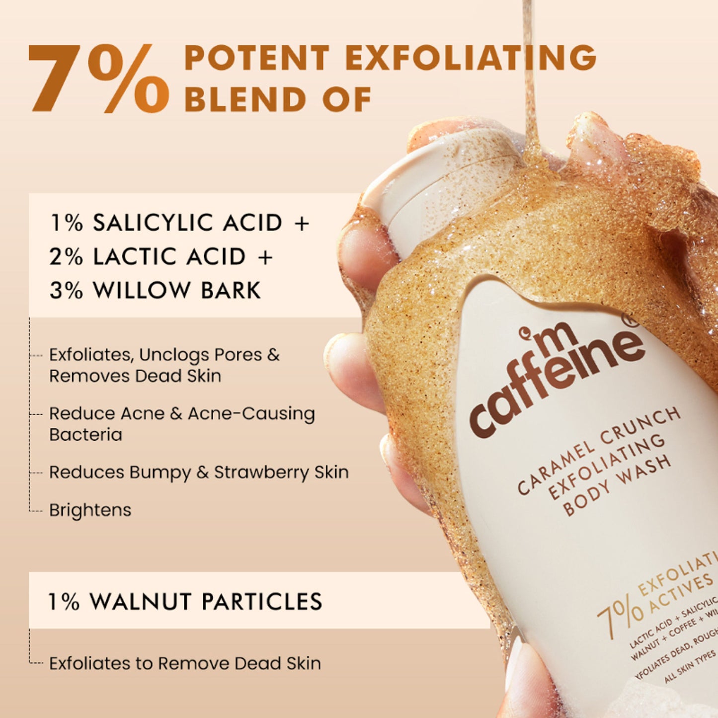 mCaffeine 7%Exfoliating Caramel Crunch Body Wash-1%Salicylic 2%LacticAcidShowerGeltoReduceBodyAcne