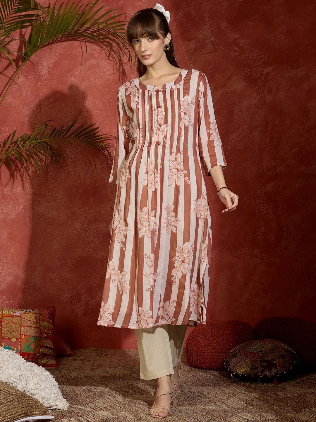 Indyancart IE Floral Printed Mandarin Collar Pure Cotton Straight Kurta With Trousers