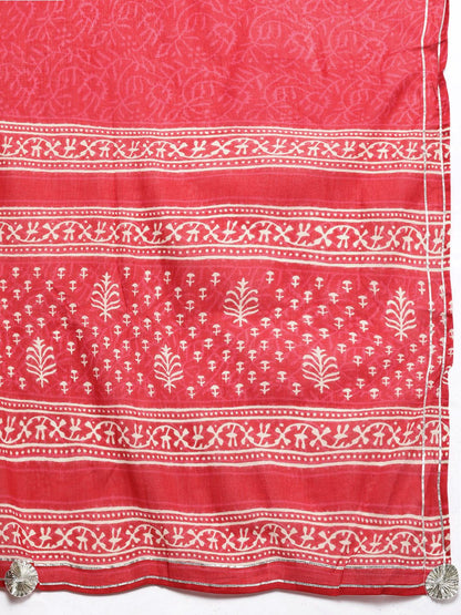 Indyancart IE Women Coral Ethnic Motifs Printed Gotta Patti Kurta with Palazzos & With Dupatta