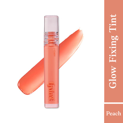 ETUDE Glow Fixing Tint in shade 06 Peach Blended, showing the tinted lip product with peachy color and applicator.