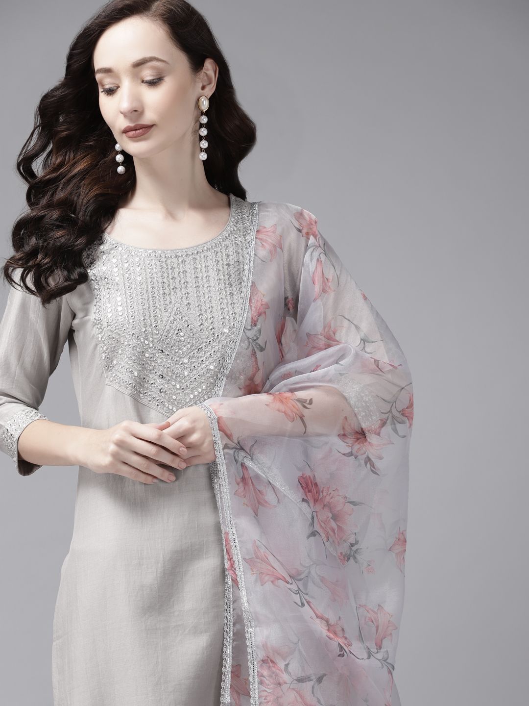 Indyancart IE Women Grey Ethnic Motifs Yoke Design Regular Kurta with Trousers & With Dupatta