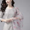 Indyancart IE Women Grey Ethnic Motifs Yoke Design Regular Kurta with Trousers & With Dupatta