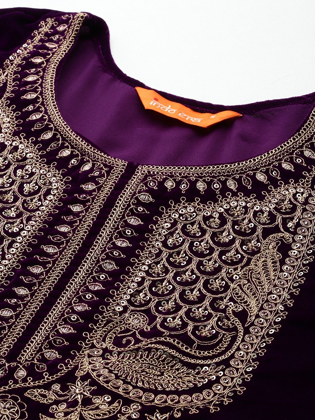 Indyancart IE Ethnic Motifs Embroidered Velvet Kurta with Trousers & With Dupatta