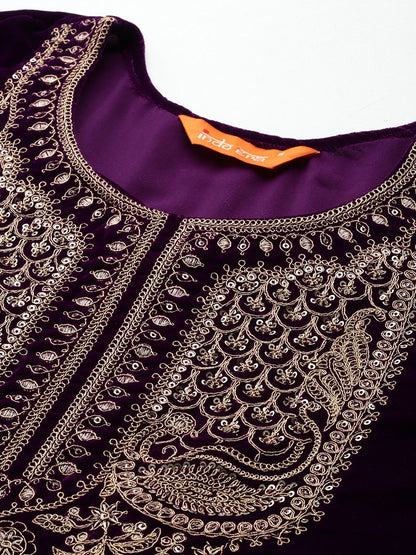Indyancart IE Ethnic Motifs Embroidered Velvet Kurta with Trousers & With Dupatta