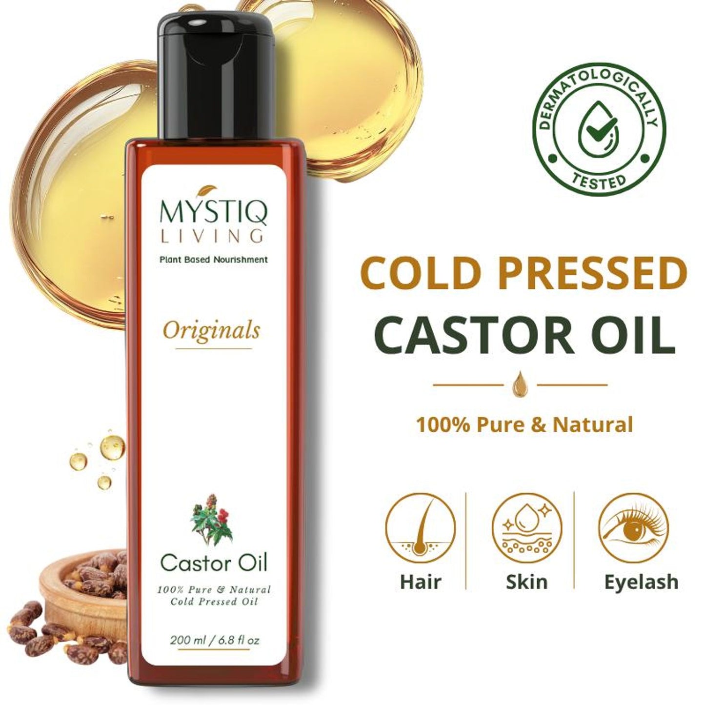 Mystiq Living Castor Oil 100% Pure & Cold Pressed For Hair Growth, Skin, Eyes, Face and Body