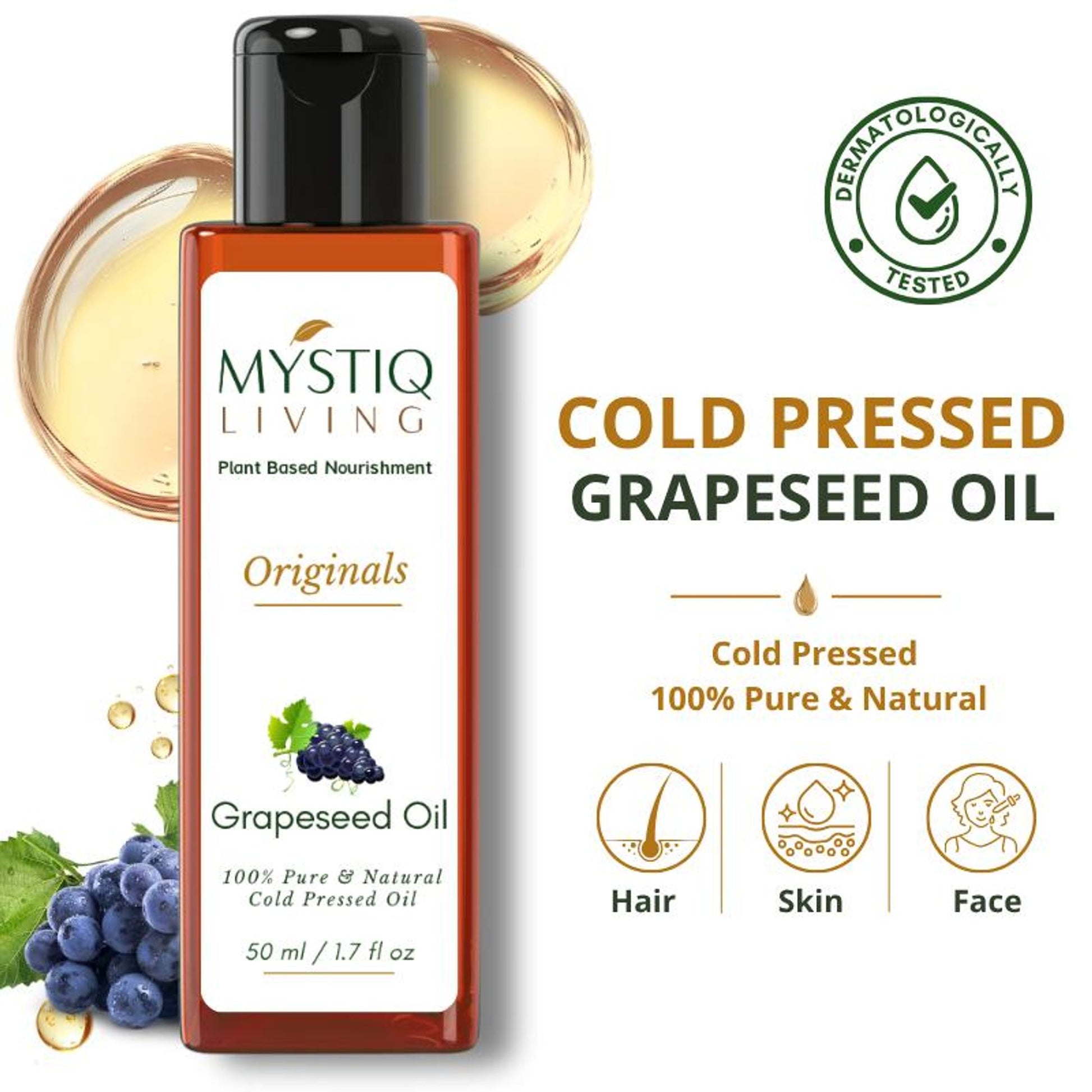 Mystiq Living Grapeseed Oil For Hair Growth, Face & Skin 100% Pure & Cold Pressed