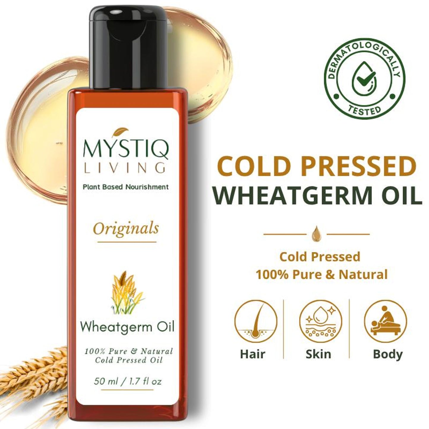 Mystiq Living Wheat Germ Oil For Hair, Face, Body & Skin - Cold Pressed & Organic