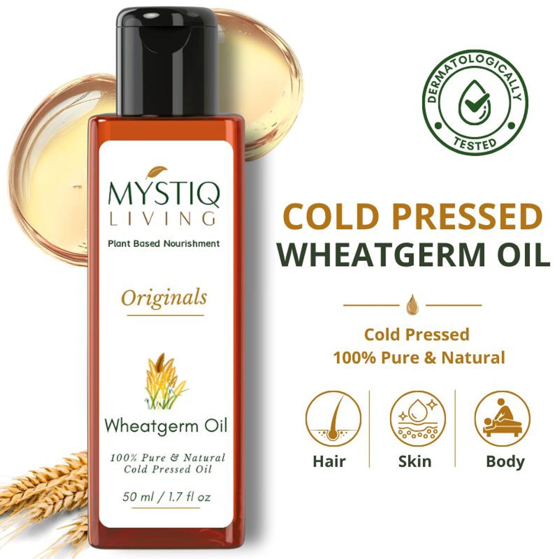 Mystiq Living Wheat Germ Oil For Hair, Face, Body & Skin - Cold Pressed & Organic