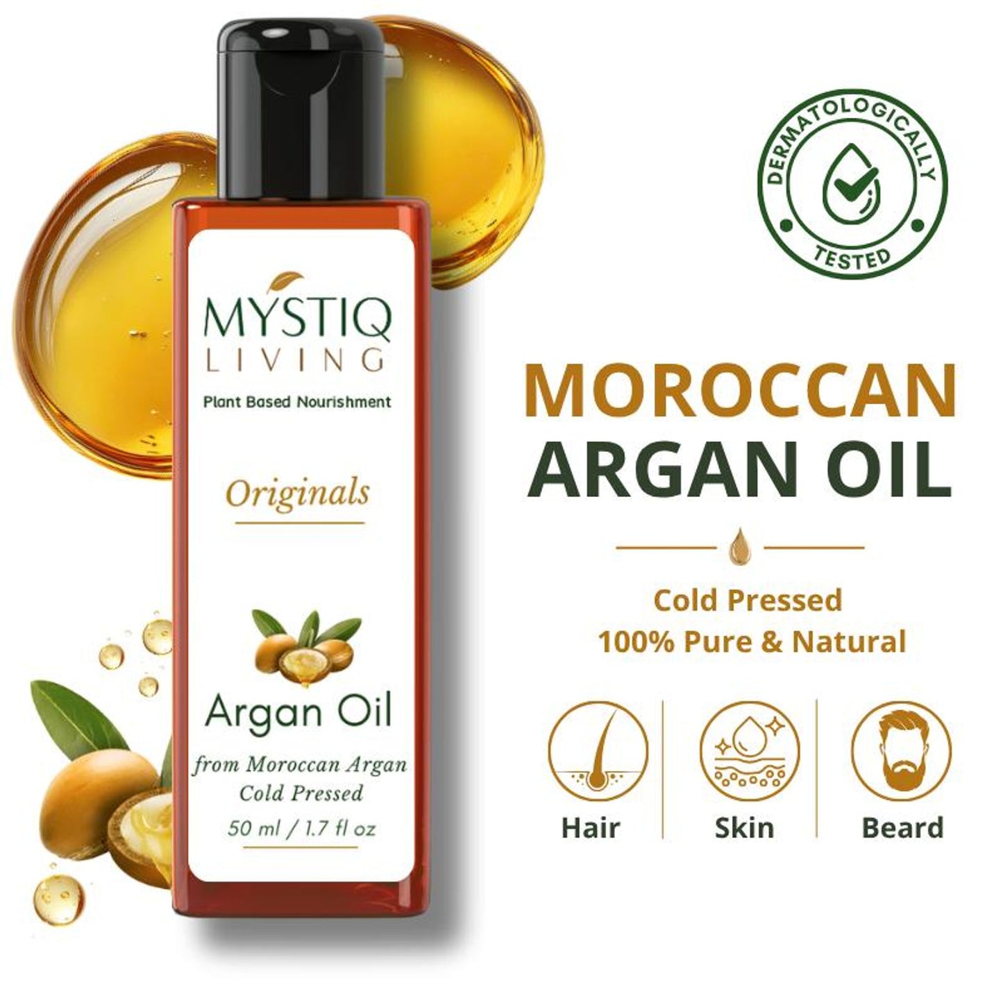 Mystiq Living Moroccon Argan Oil 100% Pure Cold Pressed for Frizz Control of Hair, Beard & Face Care