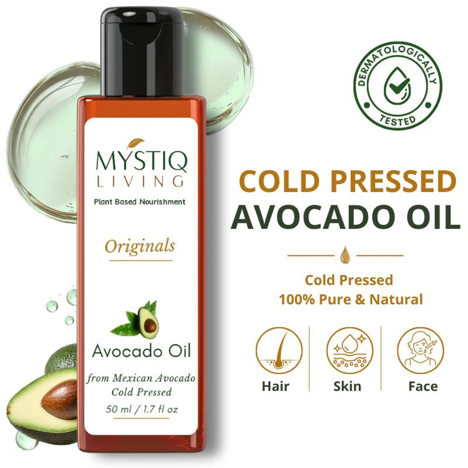 Mystiq Living Avocado Oil For Hair, Face Oil, Skin & Body Massage | Pure & Organic Cold Pressed