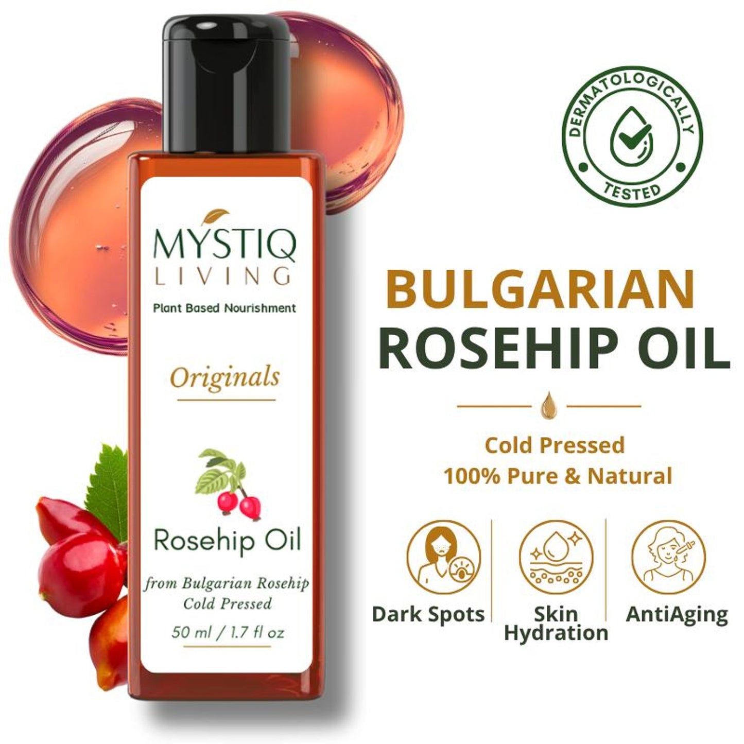 Mystiq Living Rosehip Seed Oil 100% Pure Cold Pressed For Cleansing Facial Oil fro Gua Sha Massage,
