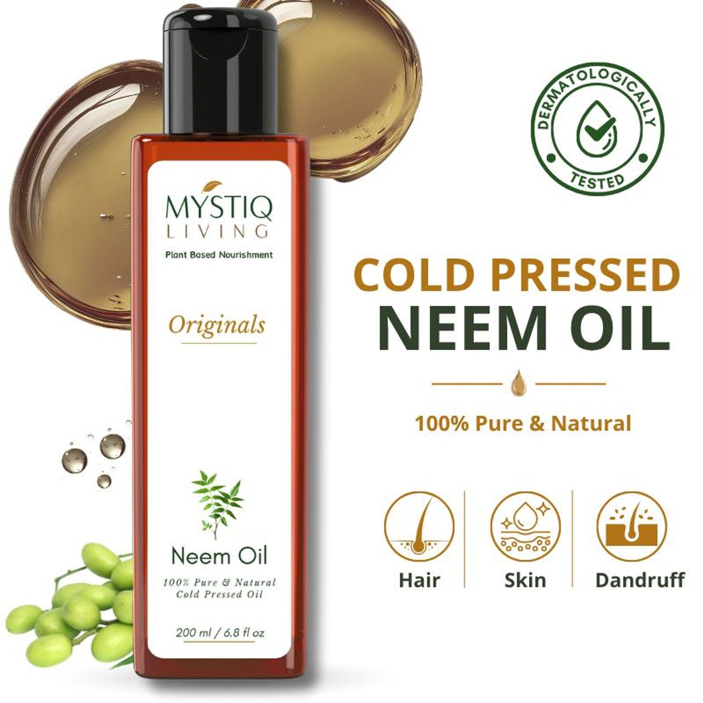 Mystiq Living Neem Oil, Pure Cold Pressed, Organic For Hair Growth, Dandruff, Lice & Skin