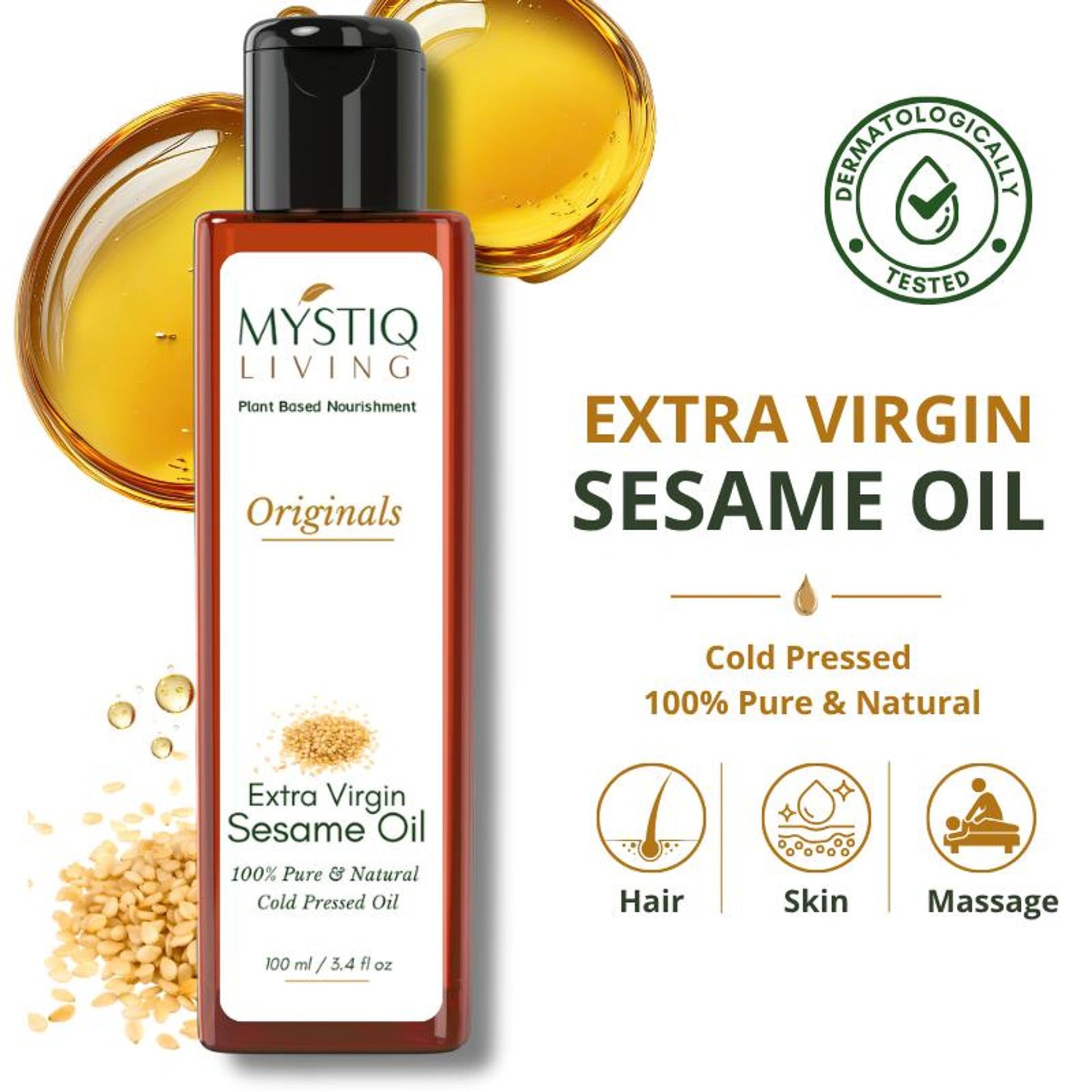 Mystiq Living Extra Virgin Sesame Oil, Cold Pressed & Organic For Hair, Face, Body & Massage