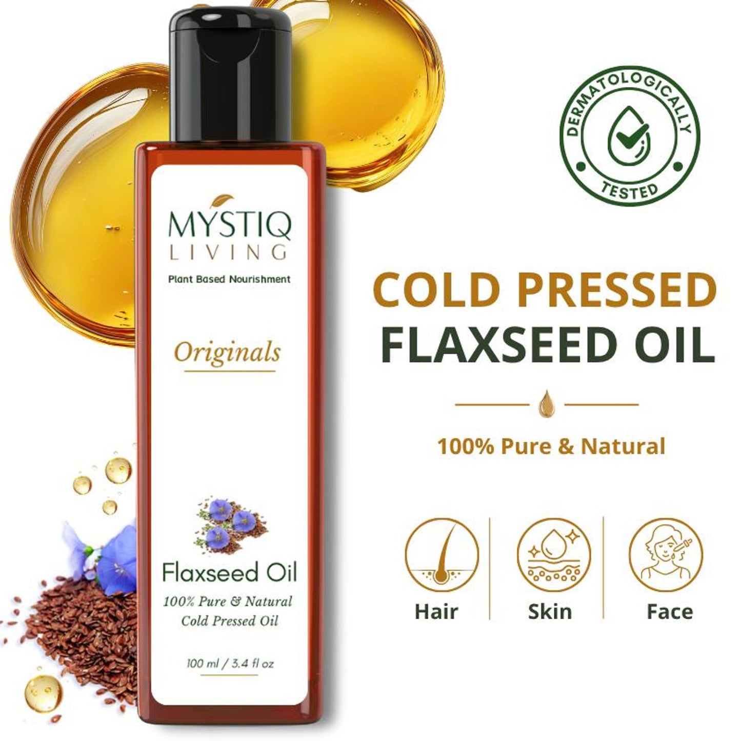 Mystiq Living Flaxseed Oil for Hair, Face & Skin, 100% Pure Cold Pressed and Organic with Omega 3