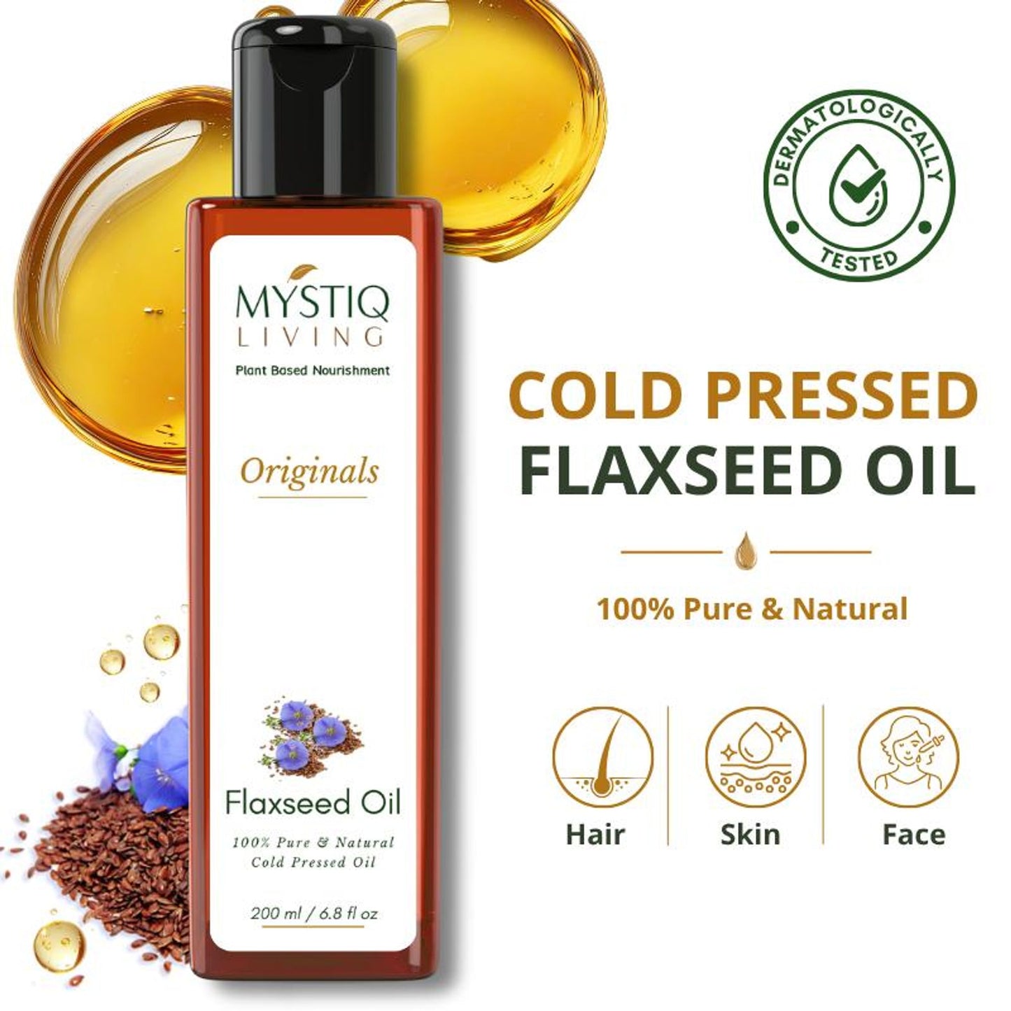 Mystiq Living Flaxseed Oil for Hair, Face & Skin, 100% Pure Cold Pressed and Organic with Omega 3