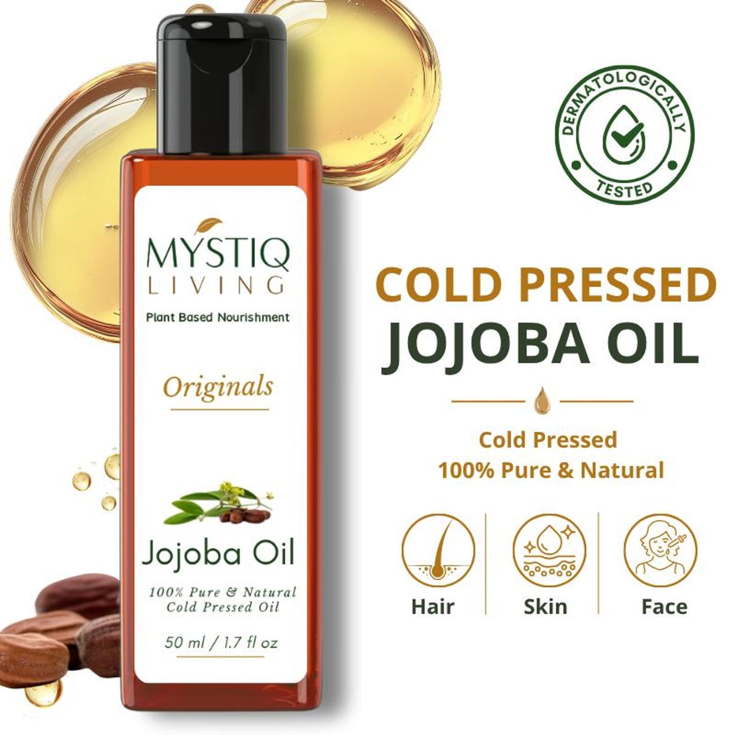 Mystiq Living Jojoba Oil for Hair, Face, Skin & Body, Cold Pressed and Organic