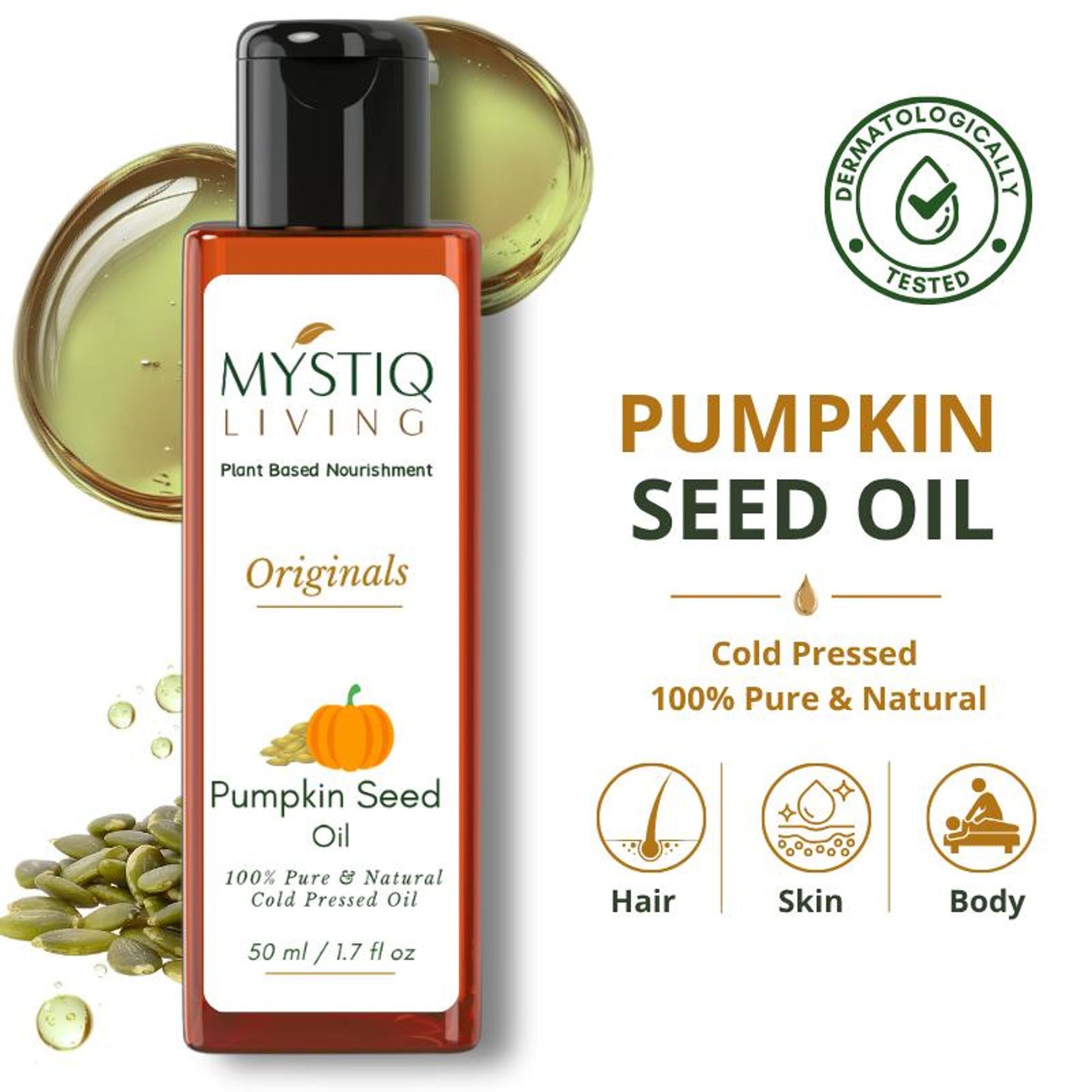 Mystiq Living Pumpkin Seed Oil For Hair Growth, 100% Pure Cold Pressed Oil for Hair, Face & Skin