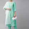 Dhiyona IE Women Sea Green & Beige Embroidered Kurta with Trousers & Dupatta