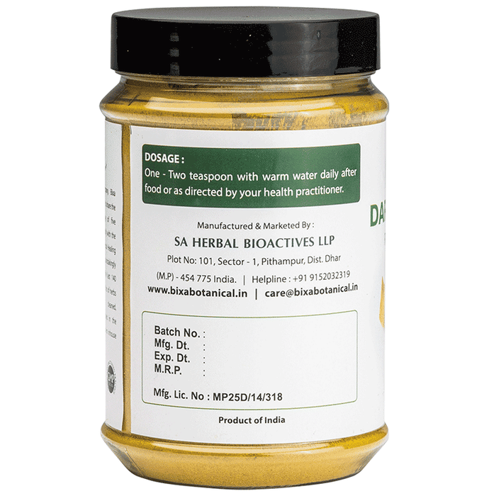 Bixa Botanical Daruharidra powder, Ayurvedic herbal powder in a clear container, showcasing the fine, light brown powder.