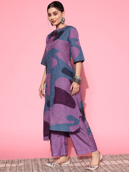 Indyancart VA Women'sAbstract Printed Mandarin Collar Straight Kurta with Trousers