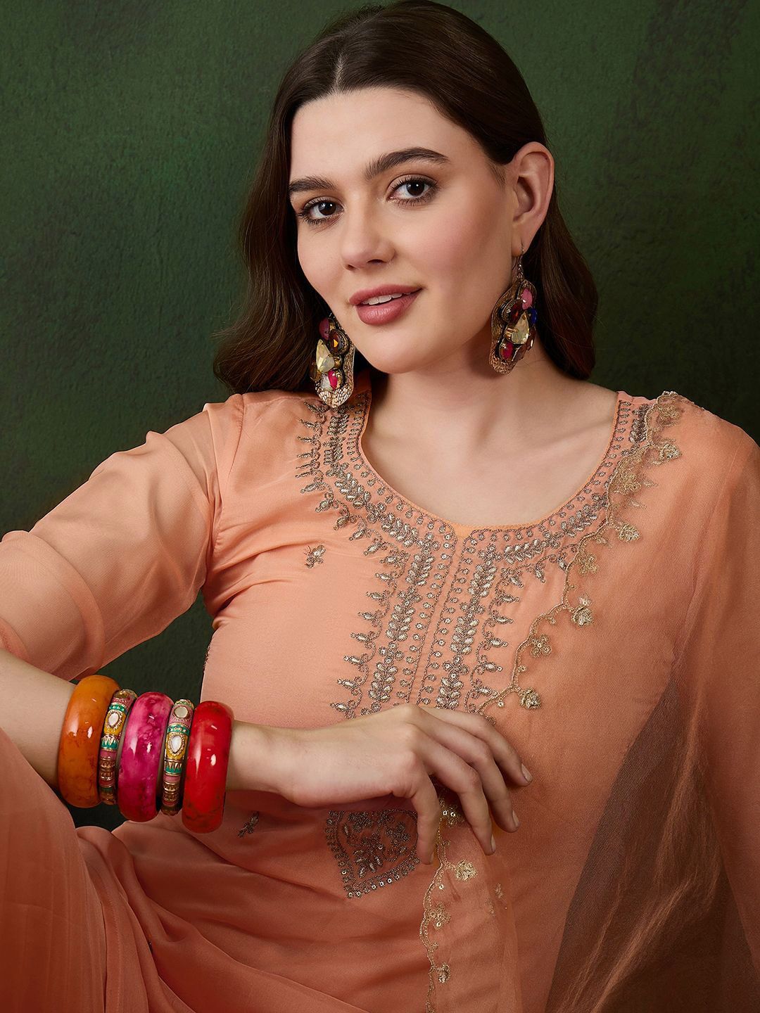 Indyancart SN Women's Peach Floral Embroidered Zari Straight Kurta With Trouser And Dupatta