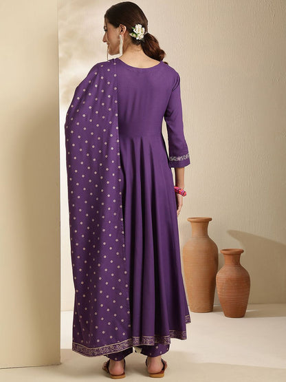 Indyancart SN Women's Embroidered V-Neck Anarkali Kurta With Trouser & Dupatta