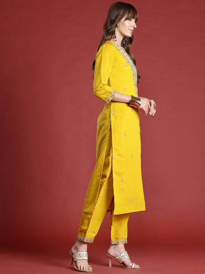 Indyancart IE Ethnic Motifs Embroidered Sequinned Kurta with Trousers & With Dupatta