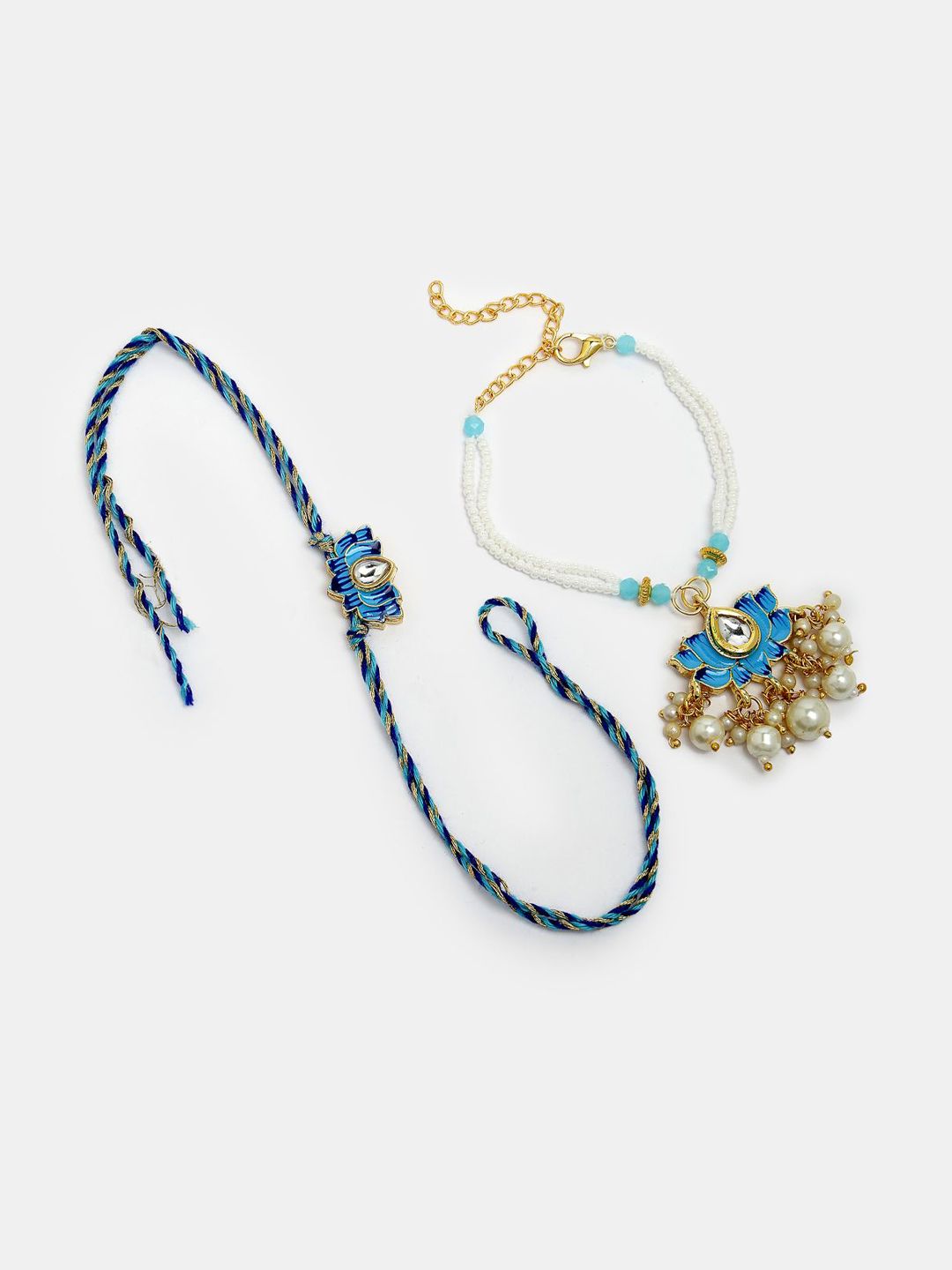 Anouk Unisex Set Of 2 Blue Lotus Shape Kundan-Studded & Beaded Wraparound Rakhi Set