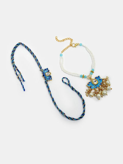 Anouk Unisex Set Of 2 Blue Lotus Shape Kundan-Studded & Beaded Wraparound Rakhi Set