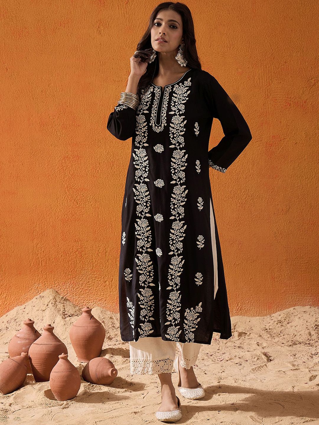 Indyancart IE Floral Embroidered Straight Kurta