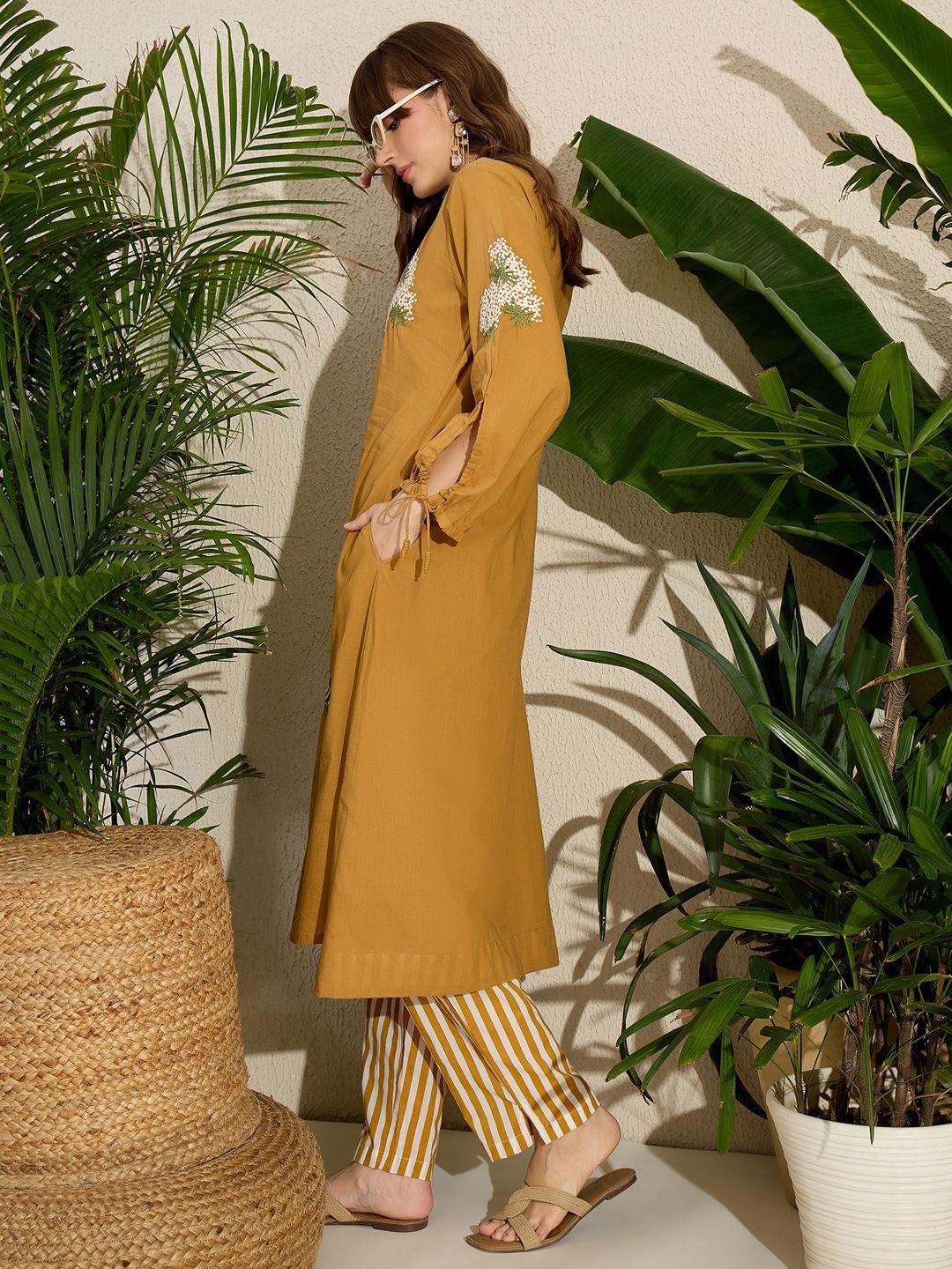 Adults-Women Woven Design Embroidered Cotton Kurta with Trousers