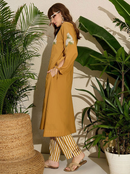 Adults-Women Woven Design Embroidered Cotton Kurta with Trousers