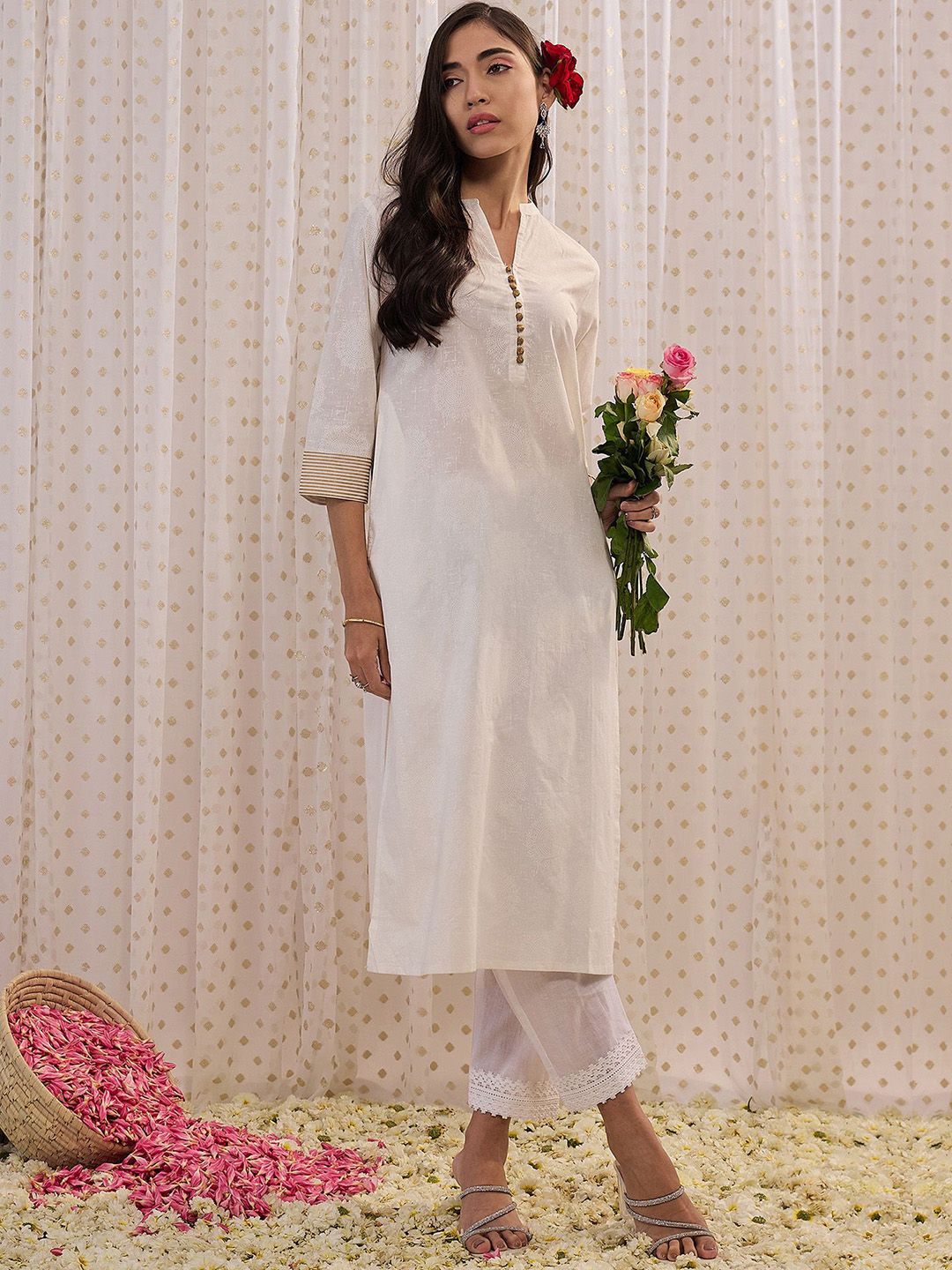 Indyancart IE Off White Ethnic Mandarin Collar Motifs Printed Cotton Straight Kurta