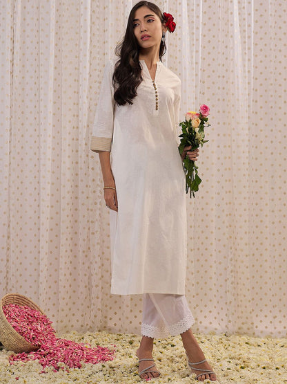 Indyancart IE Off White Ethnic Mandarin Collar Motifs Printed Cotton Straight Kurta