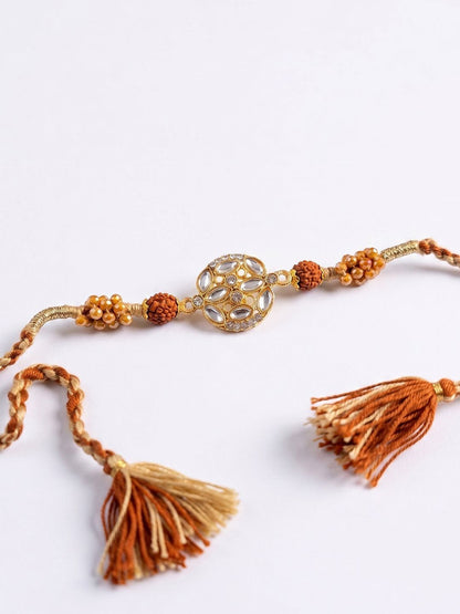 Anouk Rudraksh & Kundan Studded Gold Toned Thread Rakhi With Roli Chawal Chandan Mishri