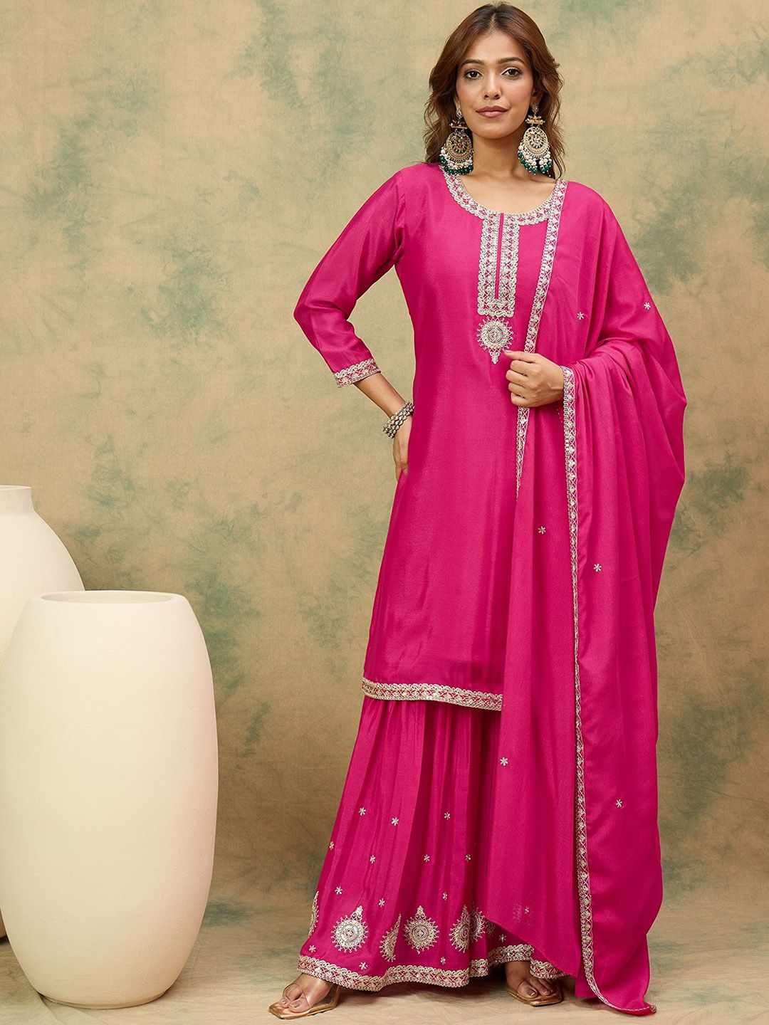 Indyancart VA Women Ethnic Motifs Yoke Design Regular Kurta With Sharara & Dupatta