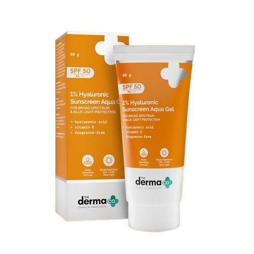 The Derma Co 1% Hyaluronic Sunscreen Aqua Gel with SPF 50, clear gel texture with SPF protection, suitable for daily hydration and sun protection.