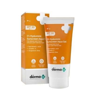 The Derma Co 1% Hyaluronic Sunscreen Aqua Gel with SPF 50, clear gel texture with SPF protection, suitable for daily hydration and sun protection.