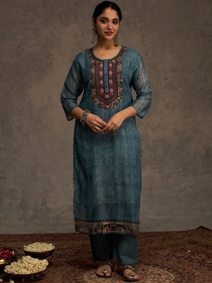Ethnic Motifs Embroidered Chanderi Cotton Kurta & Trousers With Dupatta