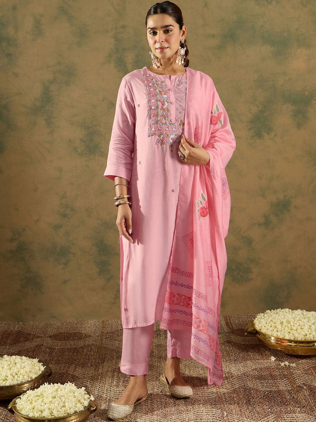 Indyancart IE Floral Embroidered Thread Work Straight Kurta with Trouser & Dupatta
