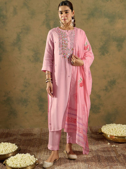 Indyancart IE Floral Embroidered Thread Work Straight Kurta with Trouser & Dupatta