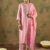 Indyancart IE Floral Embroidered Thread Work Straight Kurta with Trouser & Dupatta