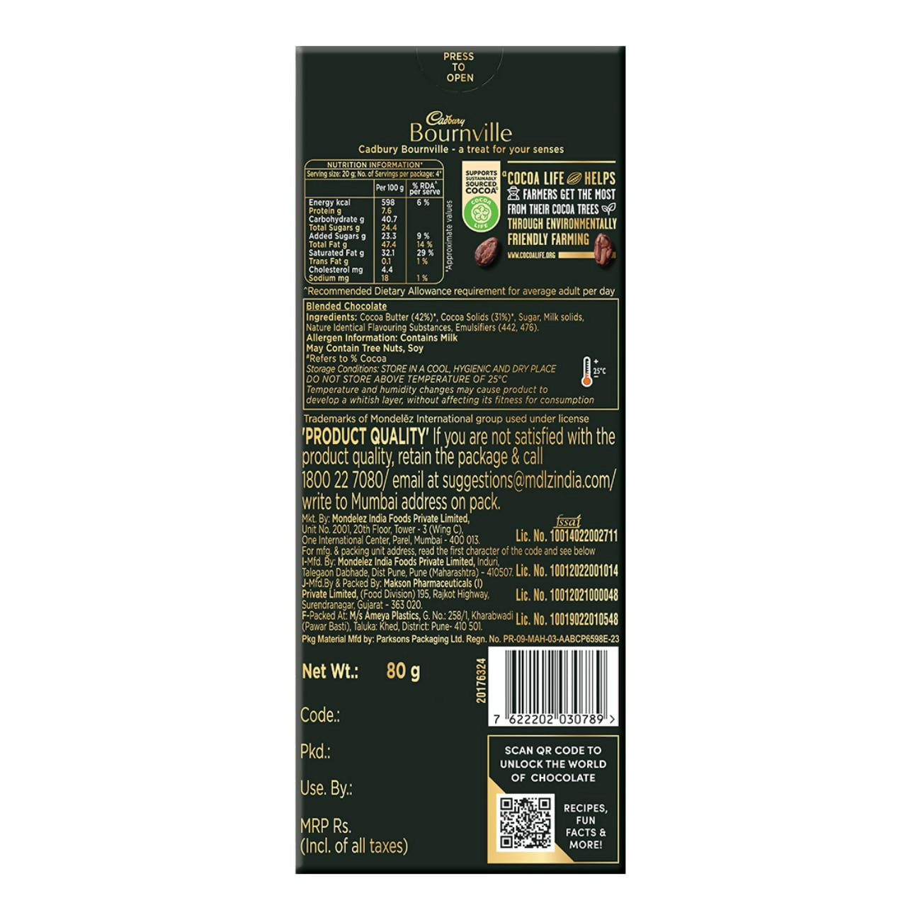 Cadbury Bournville 70% dark chocolate bar featuring rich cocoa content and smooth, dark chocolate surface.